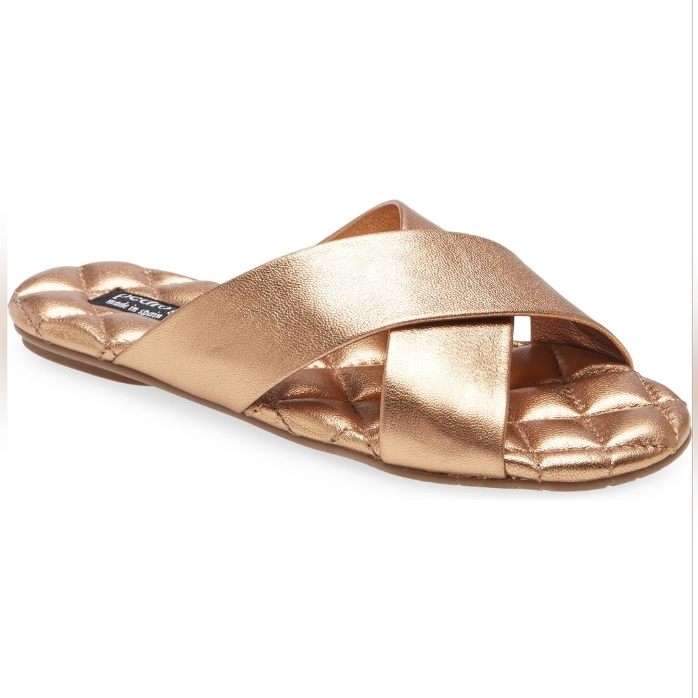 Pedro Garcia Roma Slide Sandal Criss Cross Metallic Leather Tan Foil Gold Copper